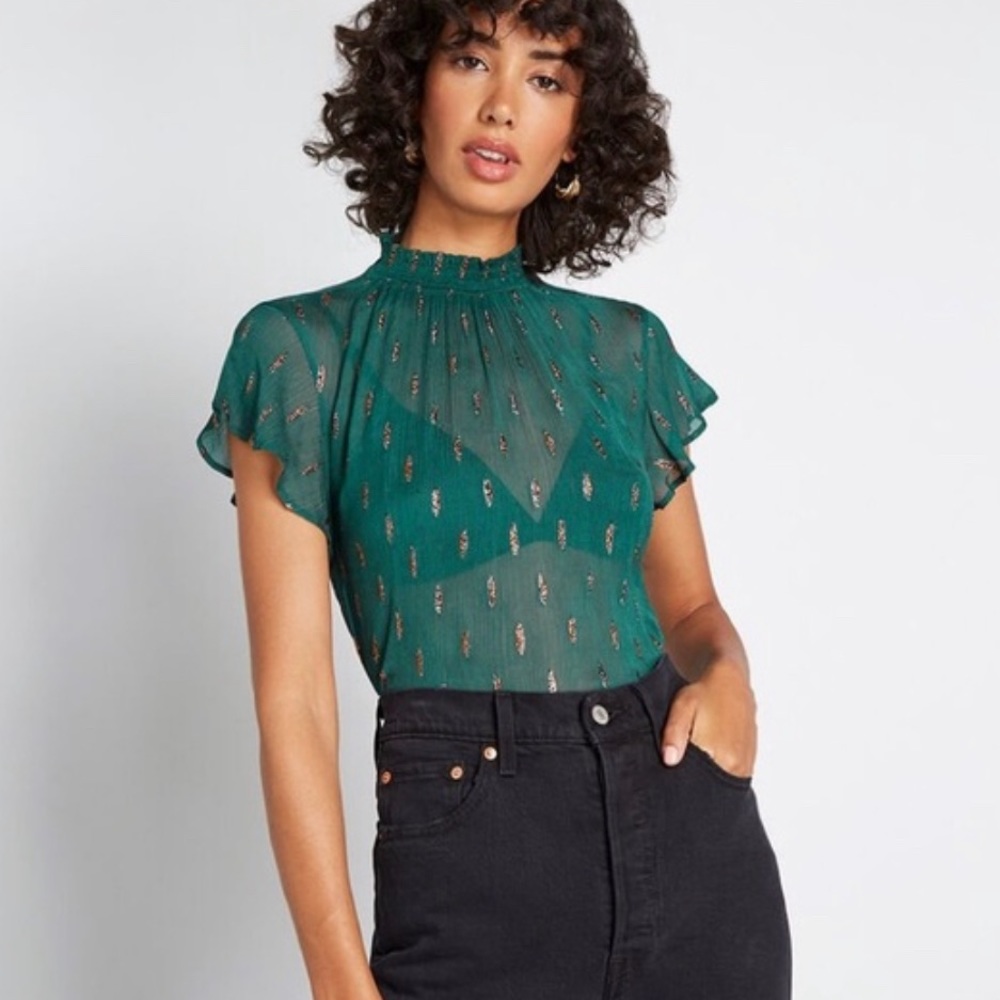 ModCloth Calling Dibs green sparkly Boho mock Neck Top NWT